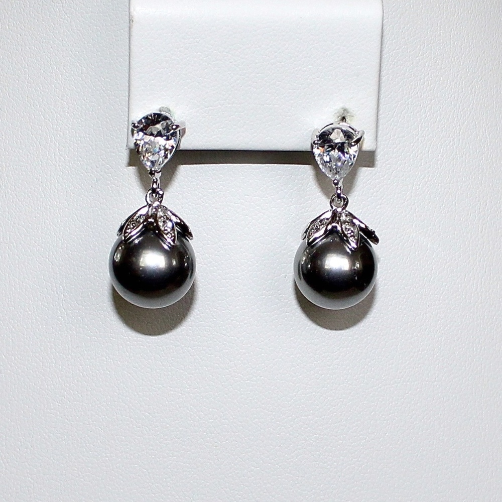 Silvery Glass Pearl 925 Pierced Dangle Earrings